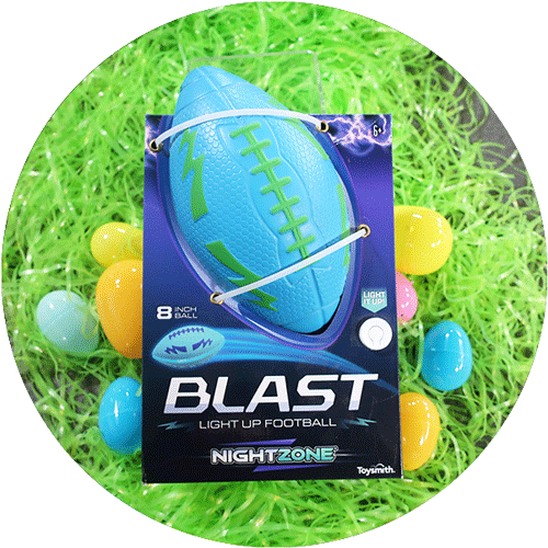 A bright blue football that lights up, surrounded by green easter grass and colorful easter eggs.